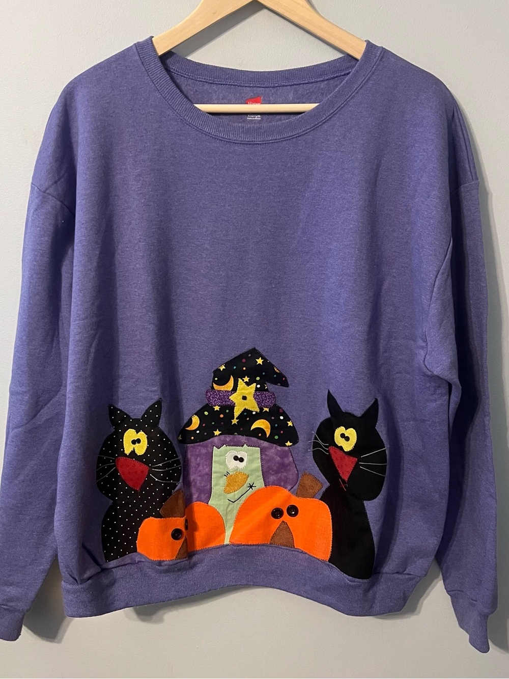 Vintage Halloween Patchwork Motif Crewneck Size XL Purple Sweatshirt Pumpkin Cat
